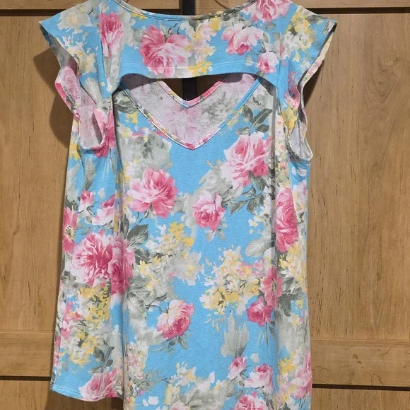 (J32) Zine Clothing Floral Short Sleeve Top - Pink and Blue Sz S - Picture 5 of 5